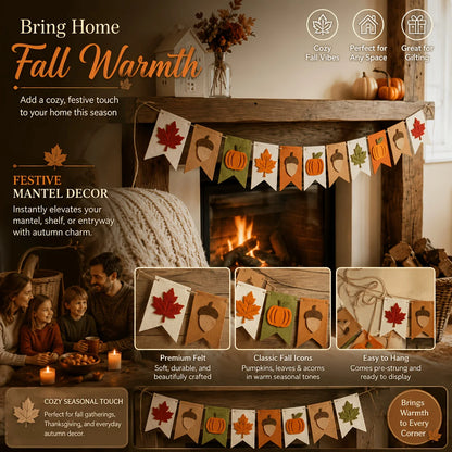 Fall Harvest Felt Banner Pumpkin Maple Leaf Acorn Garland Flag Autumn Thanksgiving Home Fireplace Mantel Party Hanging Decor