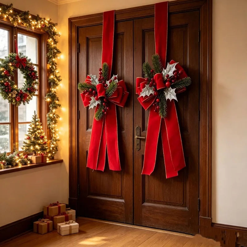 Christmas Bow Hanging Decoration with Red Berries Pine Needles Gold Silver Edged Velvet Bow for Door or Window Christmas Decor