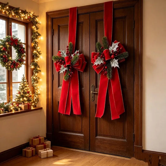 Christmas Bow Hanging Decoration with Red Berries Pine Needles Gold Silver Edged Velvet Bow for Door or Window Christmas Decor