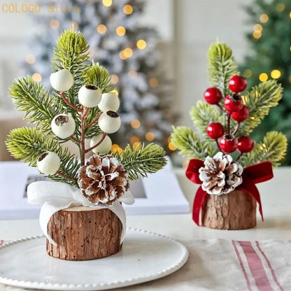 Desk Christmas Tree Ornament with Wood-Look Base for Winter Rooms D0LD