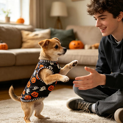 Halloween Pet Costume Funny Pumpkin and Bat Print Outfit for Small Dogs Pet Sleeveless Vest Pet Clothes Halloween Pet Vests