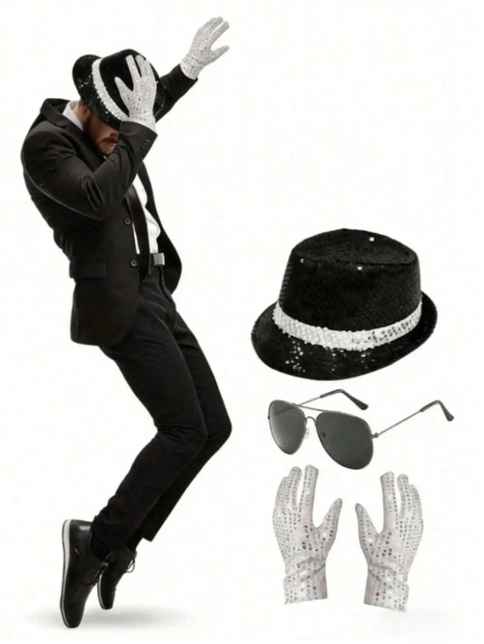 Michael Jackson Costume Accessories Set - Sequin Fedora Hat + Rhinestone Gloves + Aviator Sunglasses, Halloween Cosplay Party Dr