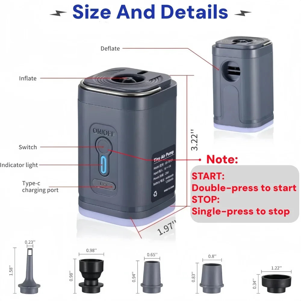 Mini Portable Air Pump 1200mAh USB Rechargeable Wireless Inflator Deflator for Camping Mattress Pool Float Boat Fast Inflation