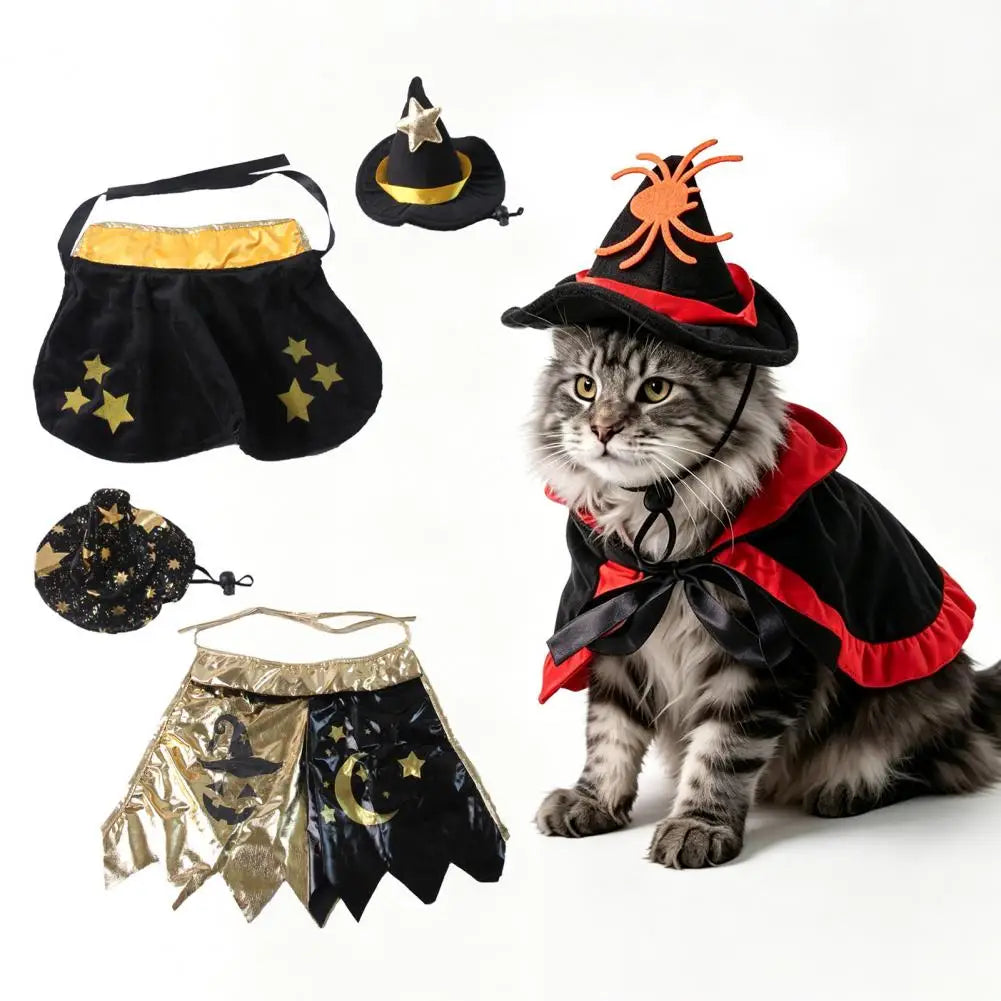 Halloween Pet Cat Witch Costume Black Cape Wizard Hat Moon Star Cloak for Small Medium Dogs Party Cosplay