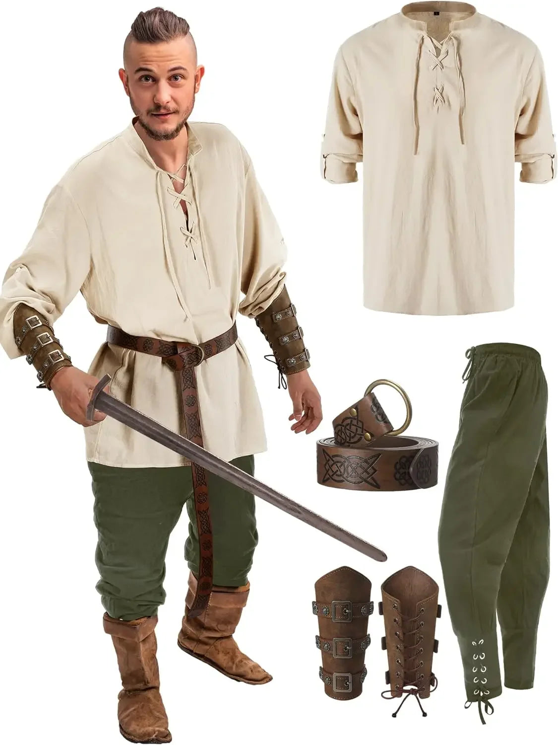 4 Pcs Halloween Men's Renaissance Costume Set Medieval Pirate Shirt Ankle Banded Pants Viking Belt Accessories