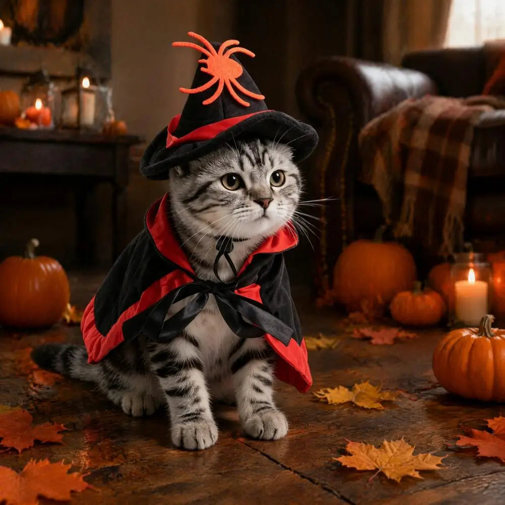 Halloween Pet Cat Witch Costume Black Cape Wizard Hat Moon Star Cloak for Small Medium Dogs Party Cosplay