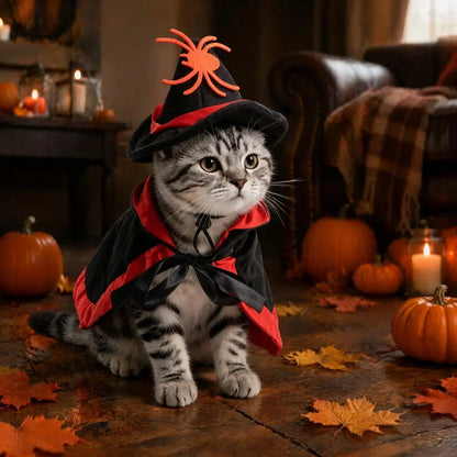 Halloween Pet Cat Witch Costume Black Cape Wizard Hat Moon Star Cloak for Small Medium Dogs Party Cosplay