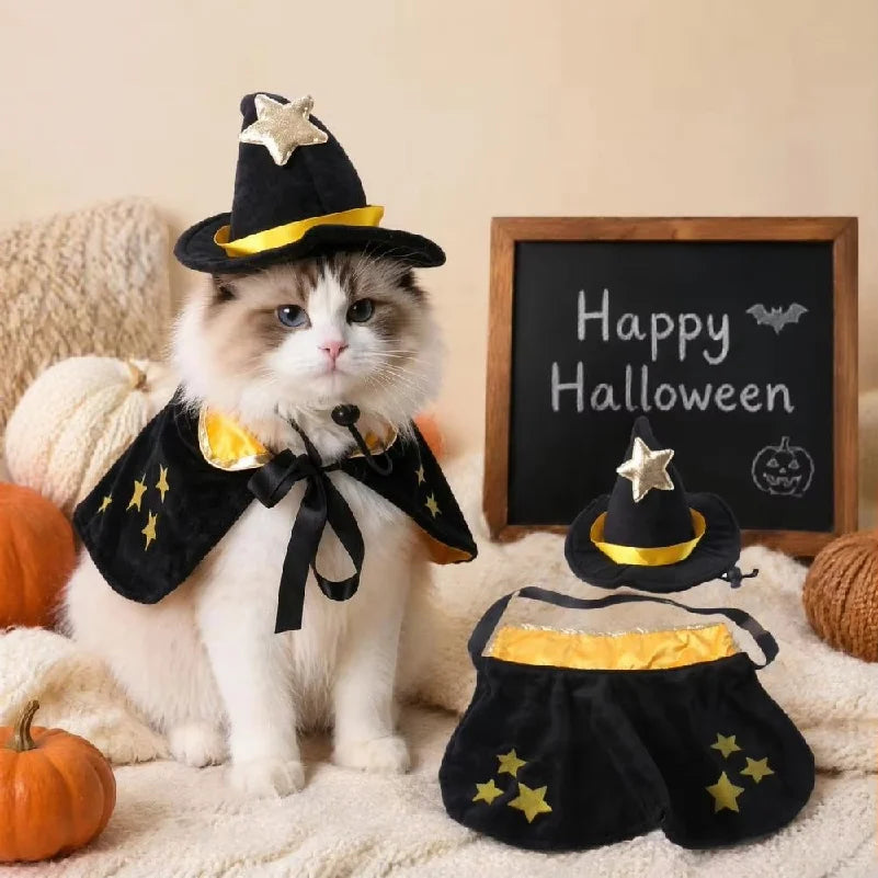 Halloween Pet Cat Witch Costume Black Cape Wizard Hat Moon Star Cloak for Small Medium Dogs Party Cosplay