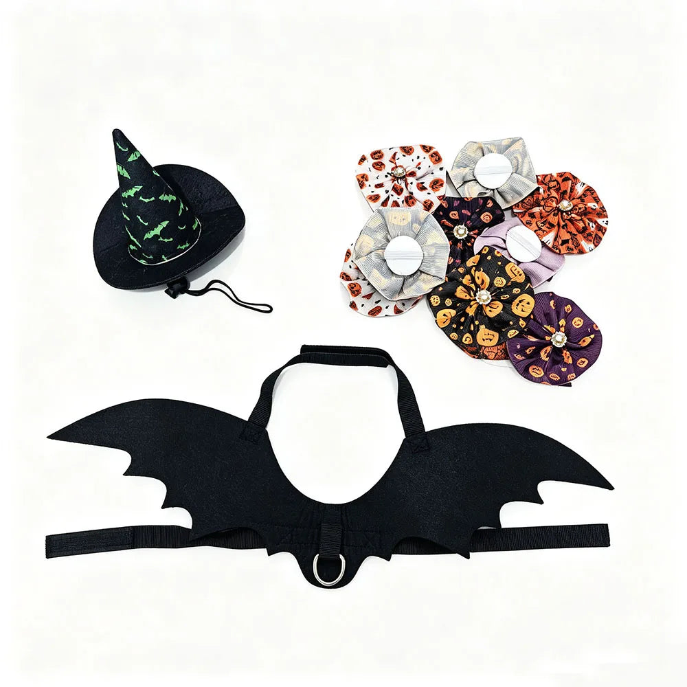 3 PCS Halloween Pet Costume Accessories,Witch Hat,Bat Wing Harness,Skull Bow Tie,Halloween Decors Dress Up for Cat Small Dog