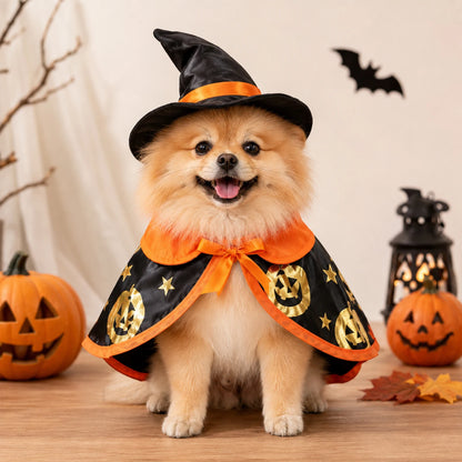 Halloween Witch Costume for Cats & Small Dogs, Black Pet Cape with Witch Hat, Gold Pumpkin Star Print, Adjustable Hook Loop