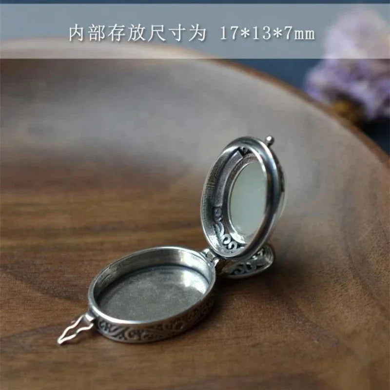 Can Open Bronze Mirror Box Pendant Women\'s Charm Retro Necklace Exquisite Handicrafts Oval Imitation Jade Jewelry Birthday Gift