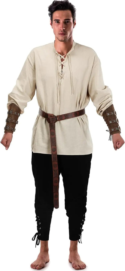 4 Pcs Halloween Men's Renaissance Costume Set Medieval Pirate Shirt Ankle Banded Pants Viking Belt Accessories