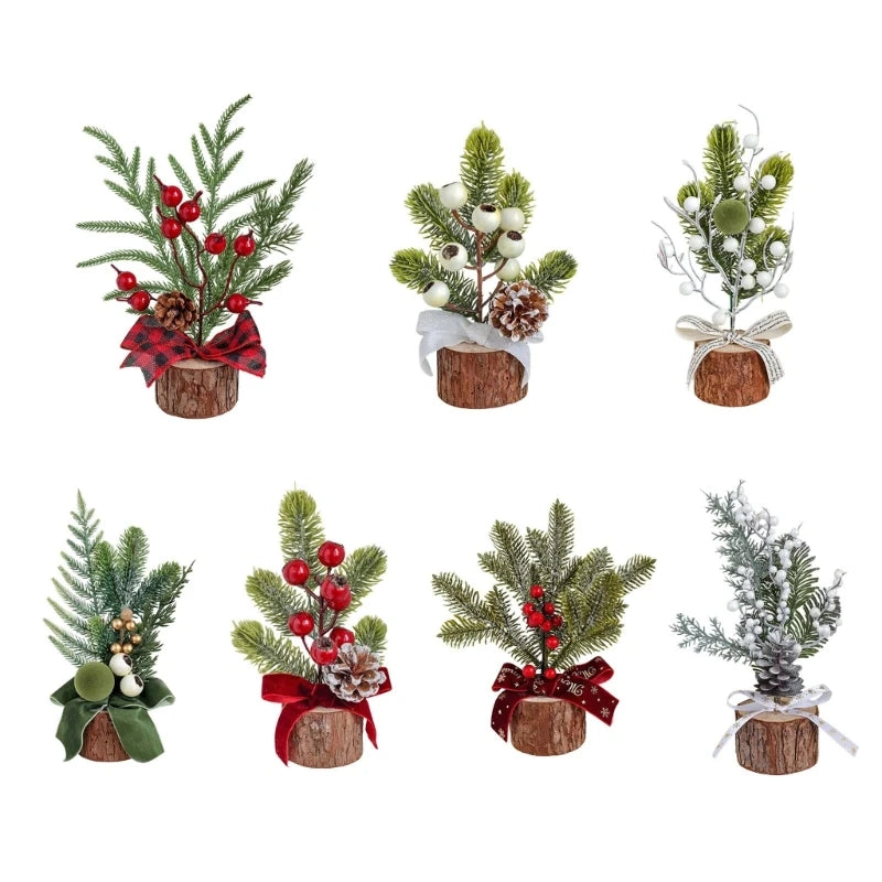 Desk Christmas Tree Ornament with Wood-Look Base for Winter Rooms D0LD