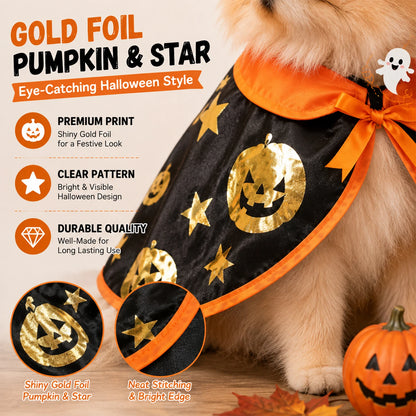 Halloween Witch Costume for Cats & Small Dogs, Black Pet Cape with Witch Hat, Gold Pumpkin Star Print, Adjustable Hook Loop