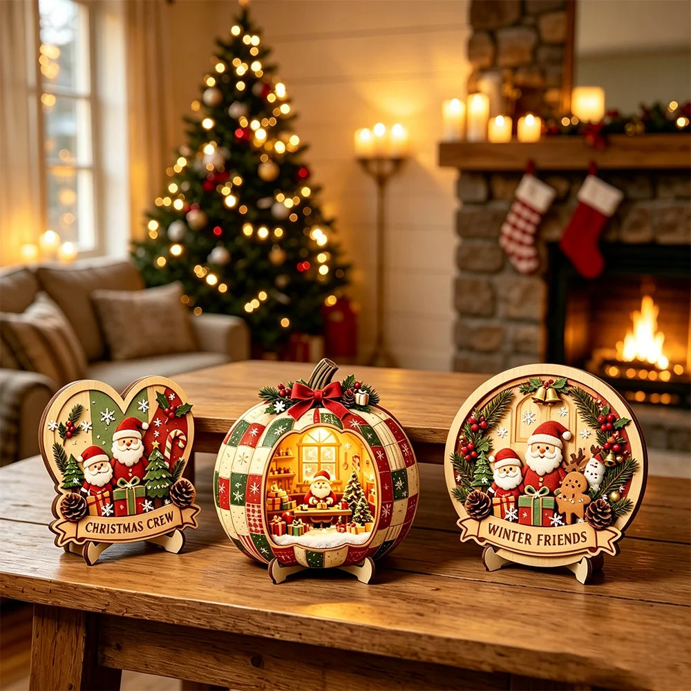 Christmas 2D Wooden Tabletop Decor with Stand Santa Snowman Reindeer Ect. Xmas Holiday Desktop Decor for Home Party