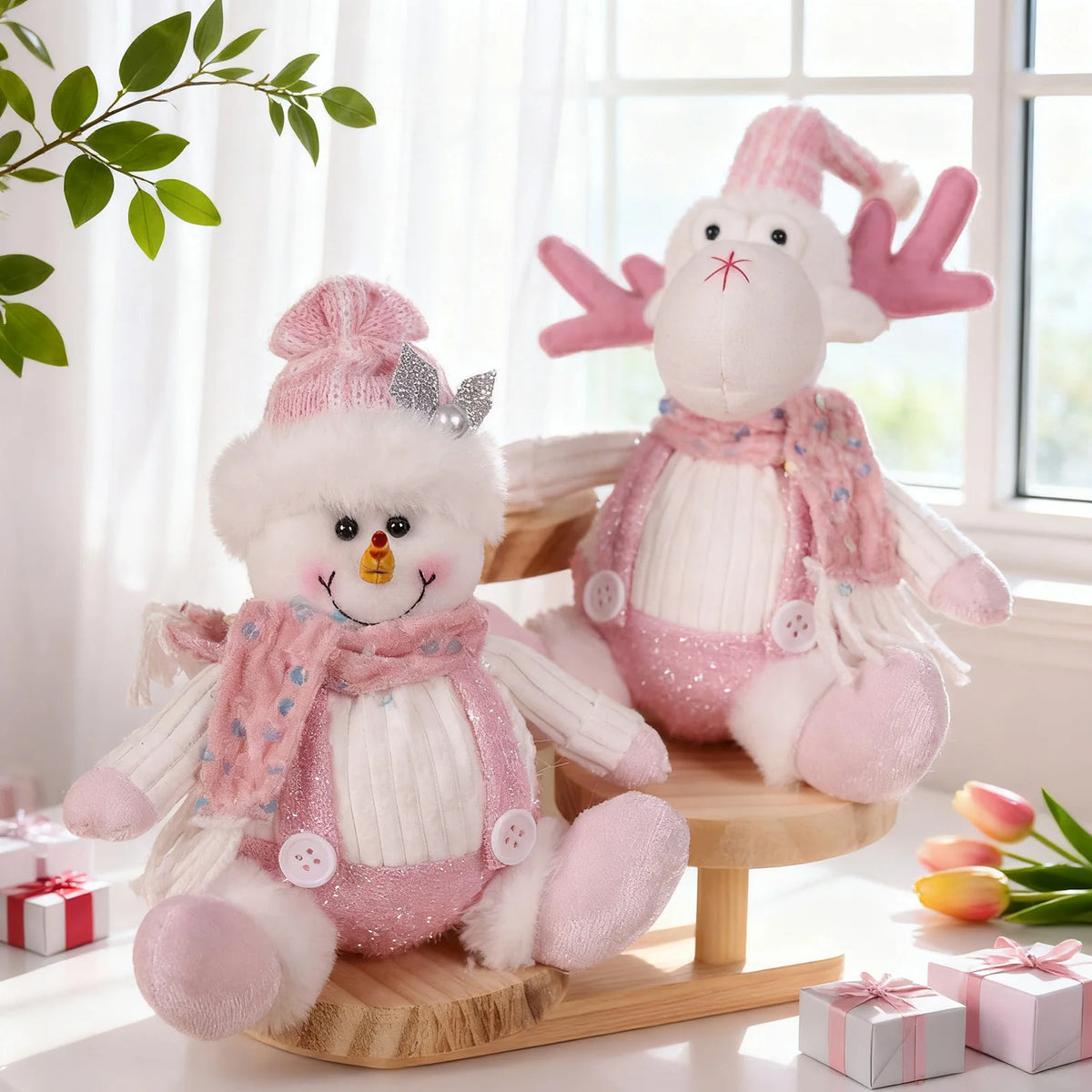 Christmas Decorations - Sitting Sequined Cartoon Doll Pendant Pink Reindeer,Snowman and Santa Claus Christmas Party Scene Props