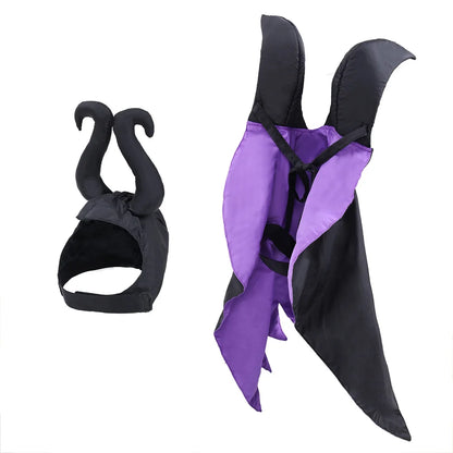 Halloween Dog Costume Black Purple Pet Maleficent Costume for Cats Dogs Adjustable Dog Dress Up Cape with Hat Funny Party Outfit