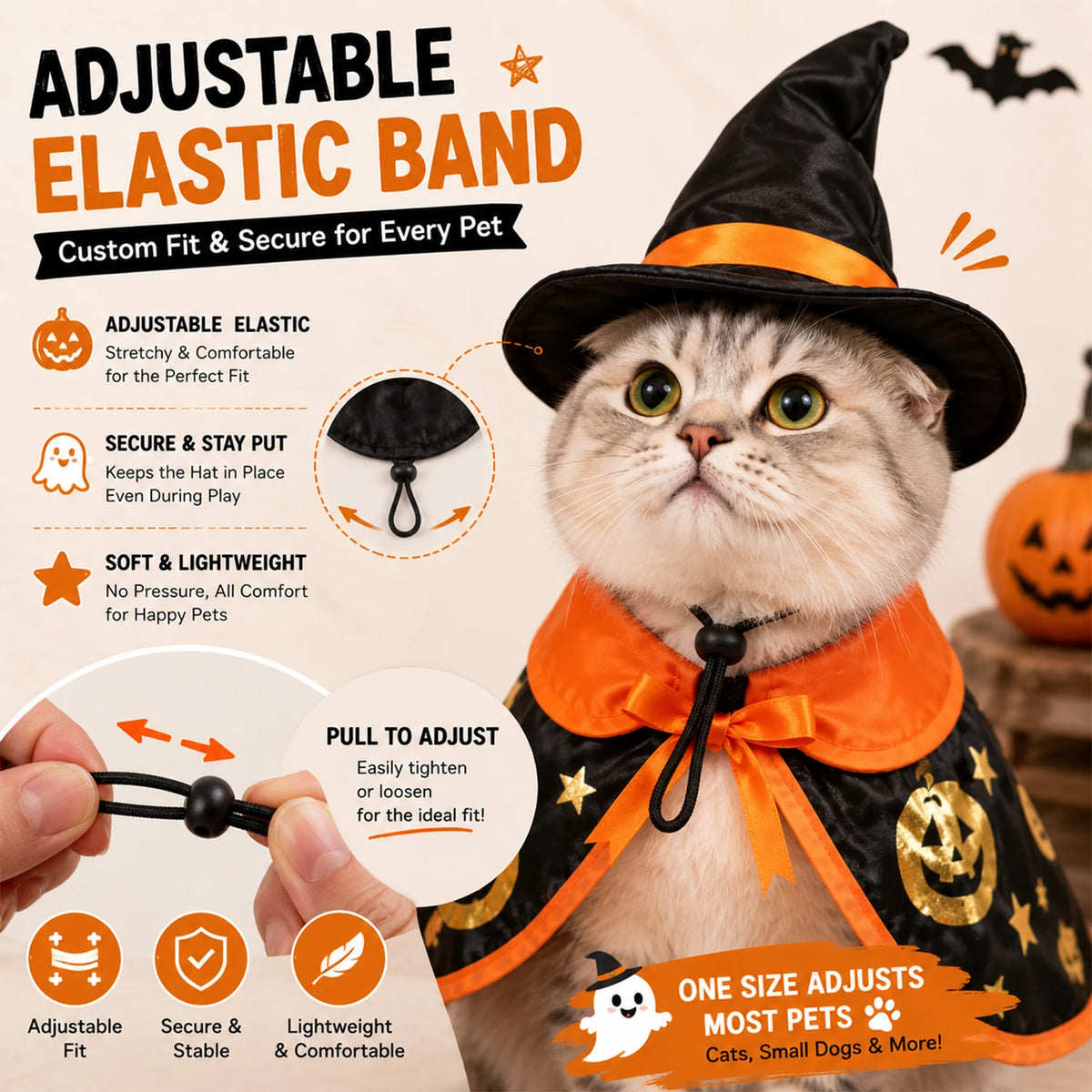 Halloween Witch Costume for Cats & Small Dogs, Black Pet Cape with Witch Hat, Gold Pumpkin Star Print, Adjustable Hook Loop