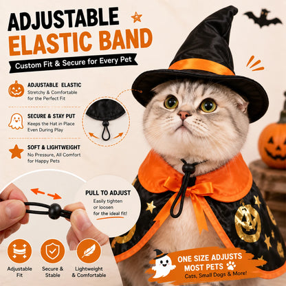 Halloween Witch Costume for Cats & Small Dogs, Black Pet Cape with Witch Hat, Gold Pumpkin Star Print, Adjustable Hook Loop