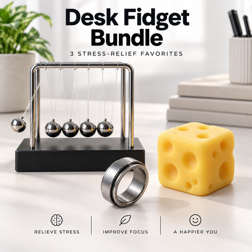 Desk Fidget Bundle with Newton's cradle, spinning fidget ring, and squishy cheese cube