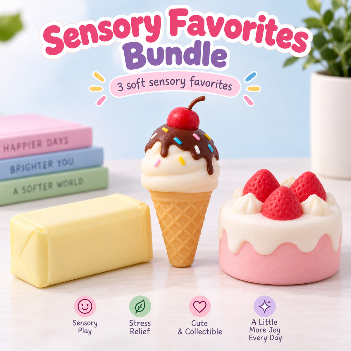 Sensory Favorites Bundle with butter squishy, ice cream squeeze toy, and yogurt cake squishy